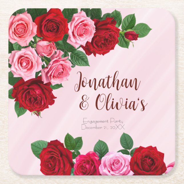 Posavasos Cuadrado De Papel Fiesta de compromiso de rosas (Anverso)