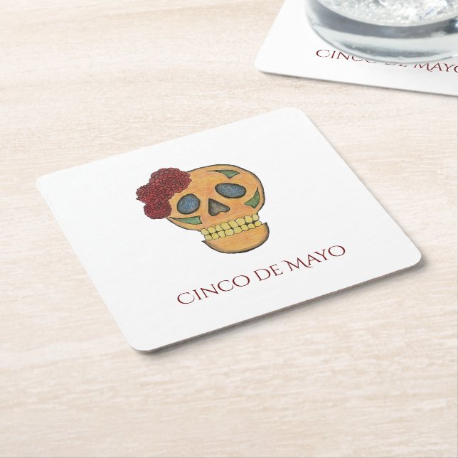 Posavasos Cuadrado De Papel Fiesta de cráneo de azúcar de Cinco de Mayo (En perspectiva)