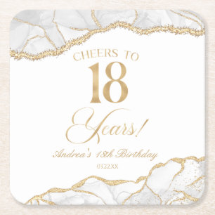 Posavasos Cuadrado De Papel Fiesta de cumpleaños 18 elegante en oro blanco y á