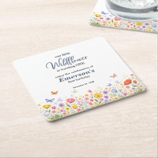 Posavasos Cuadrado De Papel Fiesta de cumpleaños 1 año de flor silvestre peque