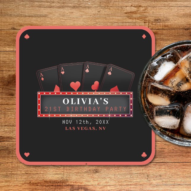 Posavasos Cuadrado De Papel Fiesta de cumpleaños 21 de Poker Aces Rojo y Negro (Poker Aces Red & Black 21st Birthday Party Square Paper Coaster
)