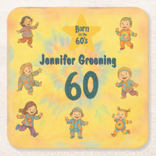 Posavasos Cuadrado De Papel Fiesta de cumpleaños 60 Retro nacida en Hippy en l