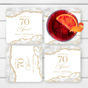 Posavasos Cuadrado De Papel Fiesta de cumpleaños 70 elegante en agata oro blan