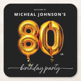 Posavasos Cuadrado De Papel Fiesta de cumpleaños 80 Black Balloon Gold