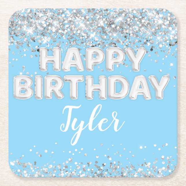 Posavasos Cuadrado De Papel Fiesta de Cumpleaños Azul Claro Plateado (Anverso)