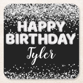 Posavasos Cuadrado De Papel Fiesta de cumpleaños blanco y negro