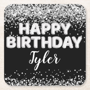 Posavasos Cuadrado De Papel Fiesta de cumpleaños blanco y negro