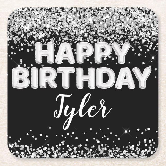 Posavasos Cuadrado De Papel Fiesta de cumpleaños blanco y negro (Anverso)