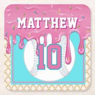 Posavasos Cuadrado De Papel Fiesta de cumpleaños con béisbol de goteo rosa y t