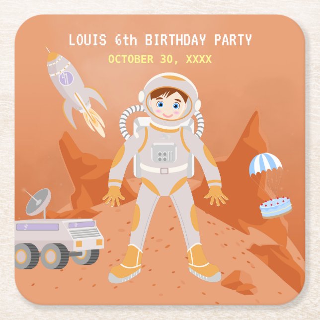 Posavasos Cuadrado De Papel Fiesta de cumpleaños con temática masculina astron (Anverso)