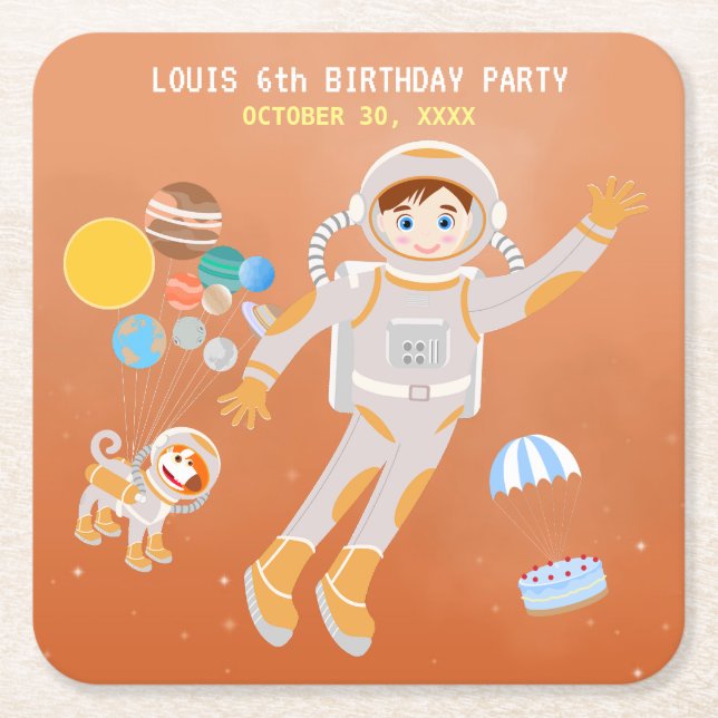 Posavasos Cuadrado De Papel Fiesta de cumpleaños con temática masculina astron (Anverso)
