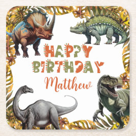 Posavasos Cuadrado De Papel Fiesta de cumpleaños de Dinosaur