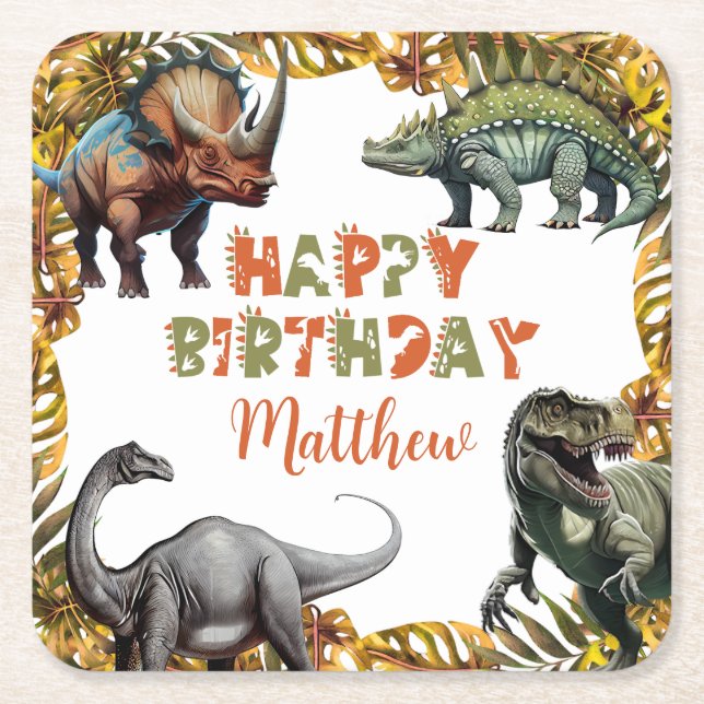 Posavasos Cuadrado De Papel Fiesta de cumpleaños de dinosaurio (Anverso)