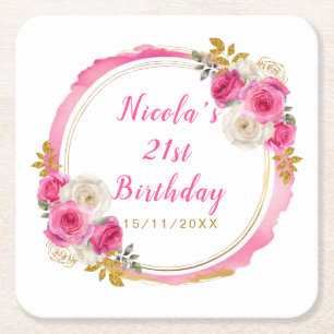 Posavasos Cuadrado De Papel Fiesta de Cumpleaños de Flores Elegantes Rosa Cali