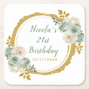 Posavasos Cuadrado De Papel Fiesta de Cumpleaños de Flores Elegantes Verde Sal