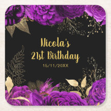 Fiesta de cumpleaños de flores moradas y doradas e