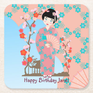 Posavasos Cuadrado De Papel Fiesta de cumpleaños de Geisha chica