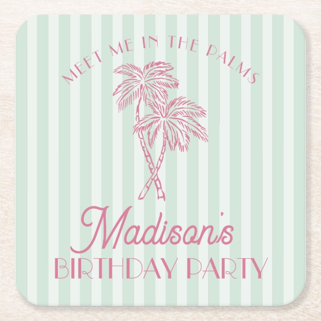 Posavasos Cuadrado De Papel Fiesta de cumpleaños de Green Palm Spring Pastel B (Anverso)