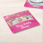 Posavasos Cuadrado De Papel Fiesta de cumpleaños de las chicas del Collage de<br><div class="desc">Espuelas rosas bonitos decoran estas tiernas de cumpleaños de fotos personalizados para una mujer,  adolescente o niña que ama los regalos brillantes. Regalo de feliz cumpleaños personalizado con 3 fotografías sobre un fondo de niñita rosada caliente.</div>
