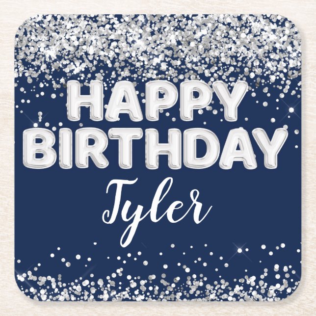Posavasos Cuadrado De Papel Fiesta de cumpleaños de Navy Blue Silver (Anverso)