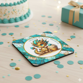Posavasos Cuadrado De Papel Fiesta de cumpleaños de niño dragón Verde azulado