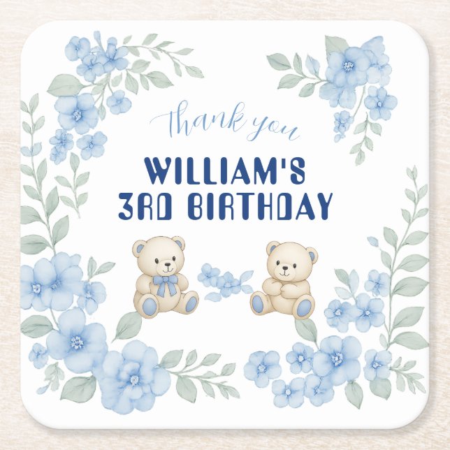 Posavasos Cuadrado De Papel Fiesta de cumpleaños de Teddy Bear (Anverso)