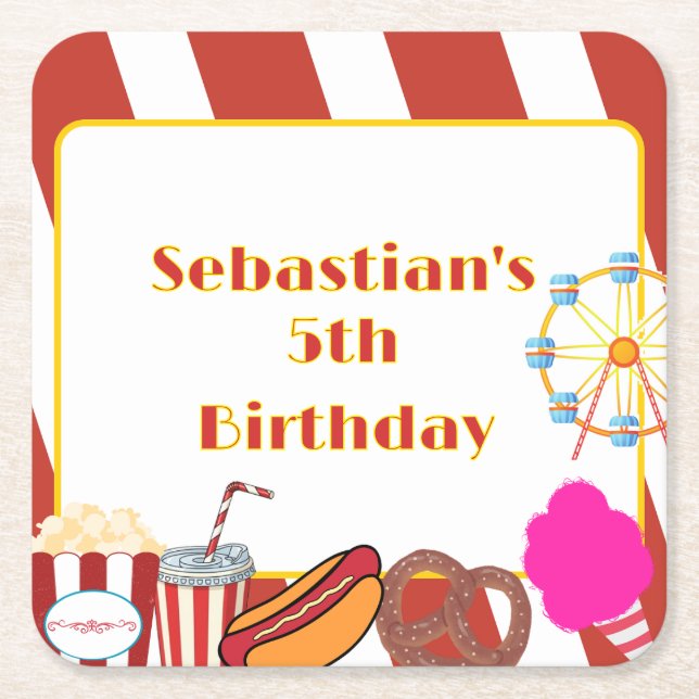 Posavasos Cuadrado De Papel Fiesta de cumpleaños del carnaval personalizado (Anverso)