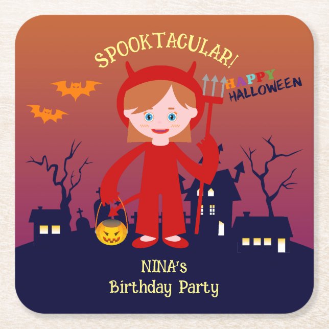 Posavasos Cuadrado De Papel Fiesta de cumpleaños del Chica de disfraces de Hal (Anverso)