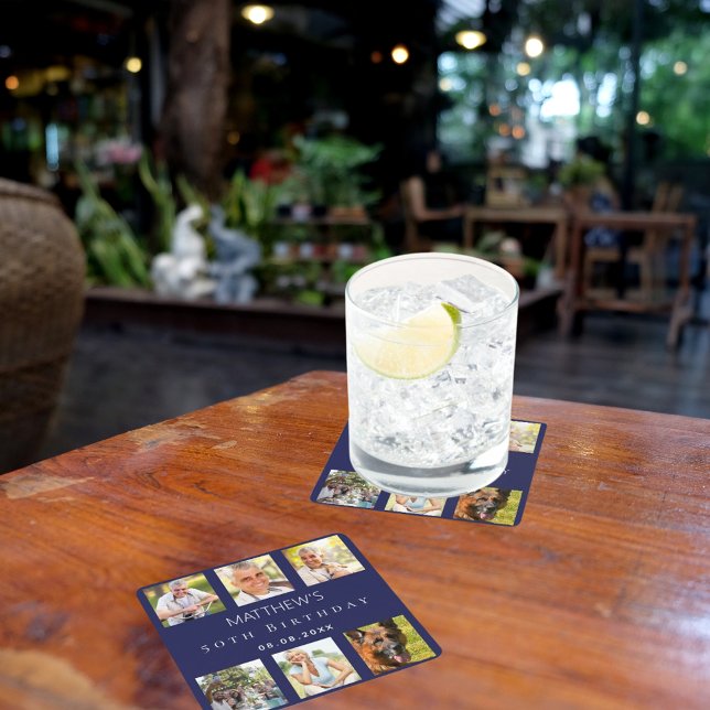 Posavasos Cuadrado De Papel Fiesta de cumpleaños del collage de fotos azul mar (Subido por el creador)