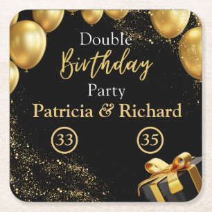 Posavasos Cuadrado De Papel Fiesta de cumpleaños doble negro y elegante de oro
