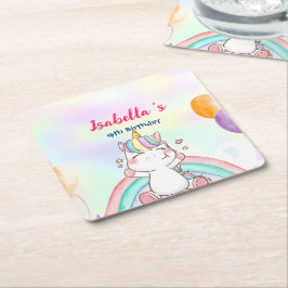 Posavasos Cuadrado De Papel Fiesta de cumpleaños feliz con el arcoiris mágico