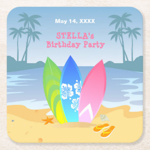 Posavasos Cuadrado De Papel Fiesta de cumpleaños femenina de surf
