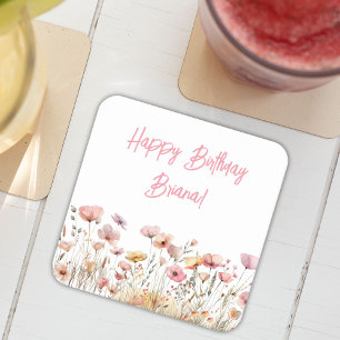 Posavasos Cuadrado De Papel Fiesta de cumpleaños floral rosa simple