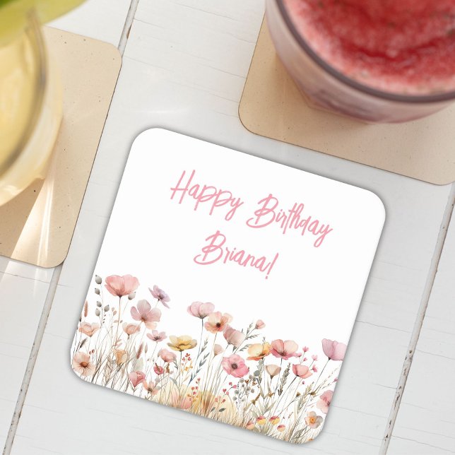 Posavasos Cuadrado De Papel Fiesta de cumpleaños floral rosa simple (Subido por el creador)