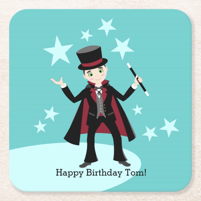 Posavasos Cuadrado De Papel Fiesta de cumpleaños infantil mago (Anverso)