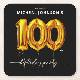 Posavasos Cuadrado De Papel Fiesta de cumpleaños número 100 de Gold Balloon Bl