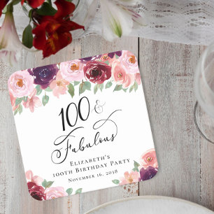 Posavasos Cuadrado De Papel Fiesta de cumpleaños número 100 Floral Elegante