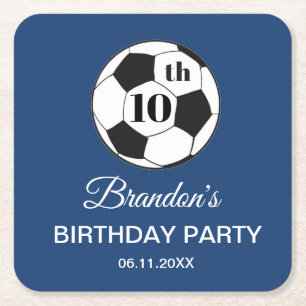 Posavasos Cuadrado De Papel Fiesta de cumpleaños número 10 Fútbol Azul Niños D