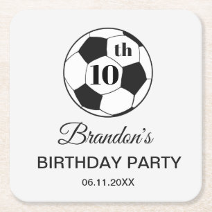 Posavasos Cuadrado De Papel Fiesta de cumpleaños número 10 Fútbol Blanco Niños