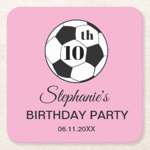 Posavasos Cuadrado De Papel Fiesta de cumpleaños número 10 fútbol rosa niñas d