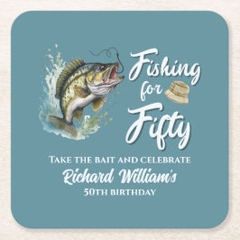 Posavasos Cuadrado De Papel Fiesta de cumpleaños número 50 de la pesca de cose