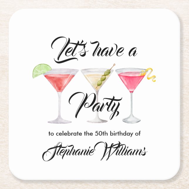 Posavasos Cuadrado De Papel Fiesta de cumpleaños número 50 de verano para muje (Anverso)