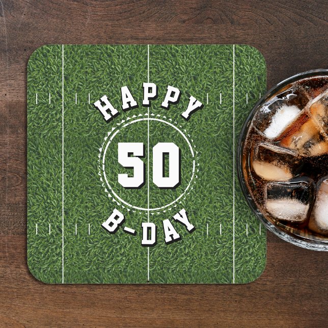 Posavasos Cuadrado De Papel Fiesta de cumpleaños número 50 del estadio Footbal (Football Field 50 Yard Line 50th Birthday Party Square Paper Coaster
)