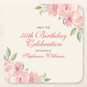 Posavasos Cuadrado De Papel Fiesta de Cumpleaños número 50 Femenina Floral Ele