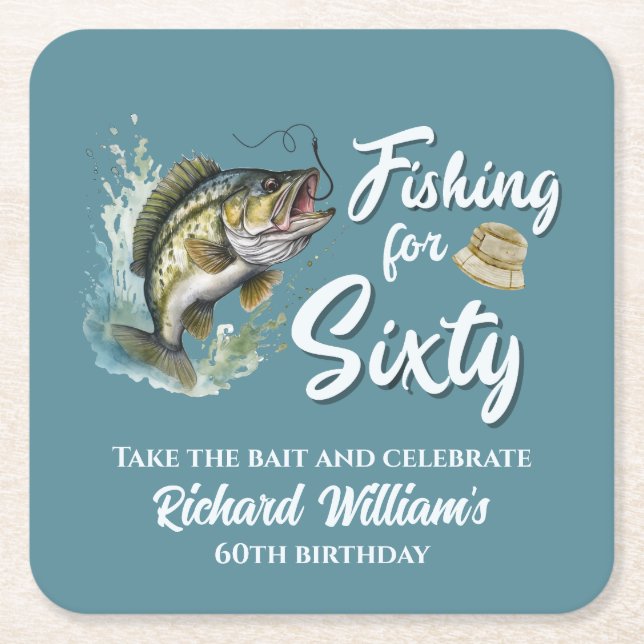 Posavasos Cuadrado De Papel Fiesta de cumpleaños número 60 de la pesca de cose (Anverso)