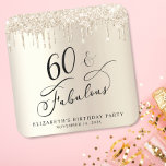 Posavasos Cuadrado De Papel Fiesta de cumpleaños número 60 del Purpurina de or<br><div class="desc">personalizado de moda 60 cumpleaños fiesta de montaña con "60 & Fabulous" en un elegante guión de caligrafía, un fondo de Relieve metalizado de imitación de oro y un purpurina de imitación de oro goteando. Ideal para la decoración de las mesas, que los clientes pueden llevarse a casa como regalo...</div>