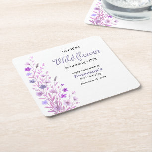 Posavasos Cuadrado De Papel Fiesta de cumpleaños número uno de flor silvestre 