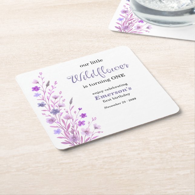 Posavasos Cuadrado De Papel Fiesta de cumpleaños número uno de flor silvestre  (En perspectiva)