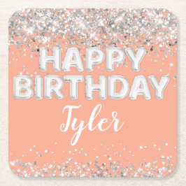 Posavasos Cuadrado De Papel Fiesta de cumpleaños Plata Peach