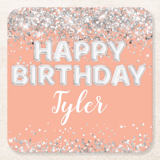 Posavasos Cuadrado De Papel Fiesta de cumpleaños Plata Peach (Anverso)